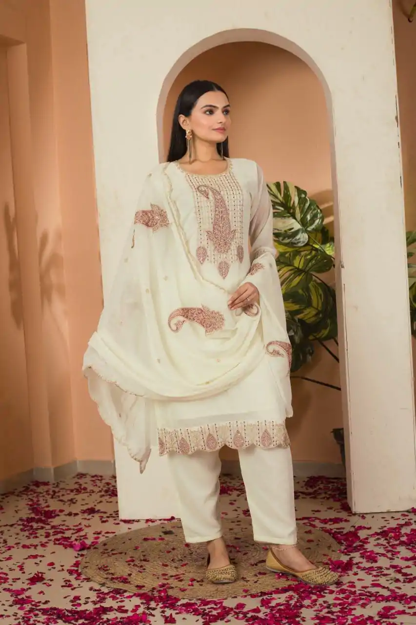 DC G87 Cream Color Fox georgette Embroidery Thread Sequence Salwar Suit Casual, Wedding, Party, Festive, Events Etc.4-6 Working Days@ 1849/-only | Casual Suits, Jump Suits, Creative suits, Designer Suits, Palazzo Suits, Party Wear Suits, Patiala Suits, Salwar suit, Straight Suits