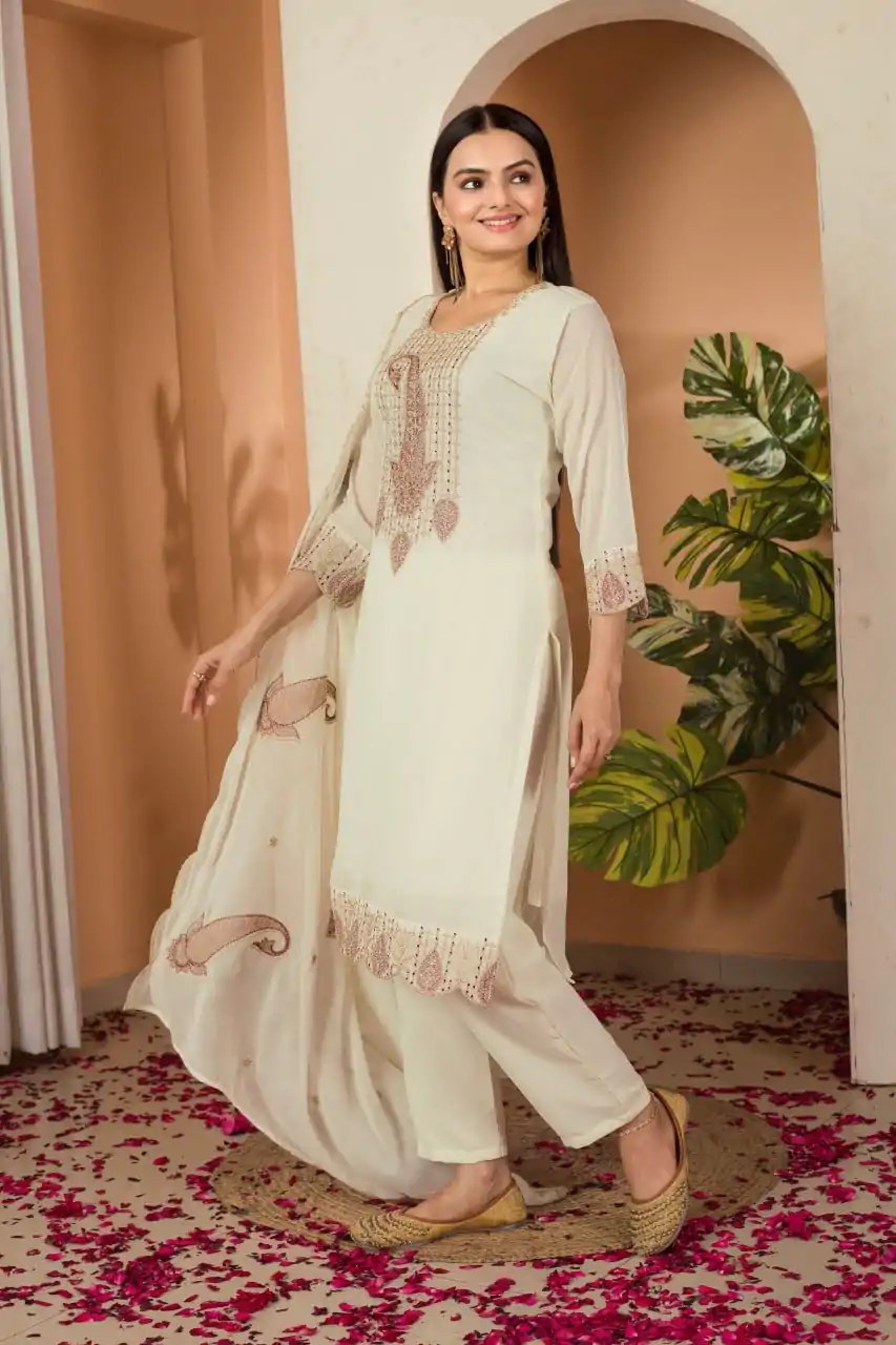 DC G87 Cream Color Fox georgette Embroidery Thread Sequence Salwar Suit Casual, Wedding, Party, Festive, Events Etc.4-6 Working Days@ 1849/-only | Casual Suits, Jump Suits, Creative suits, Designer Suits, Palazzo Suits, Party Wear Suits, Patiala Suits, Salwar suit, Straight Suits