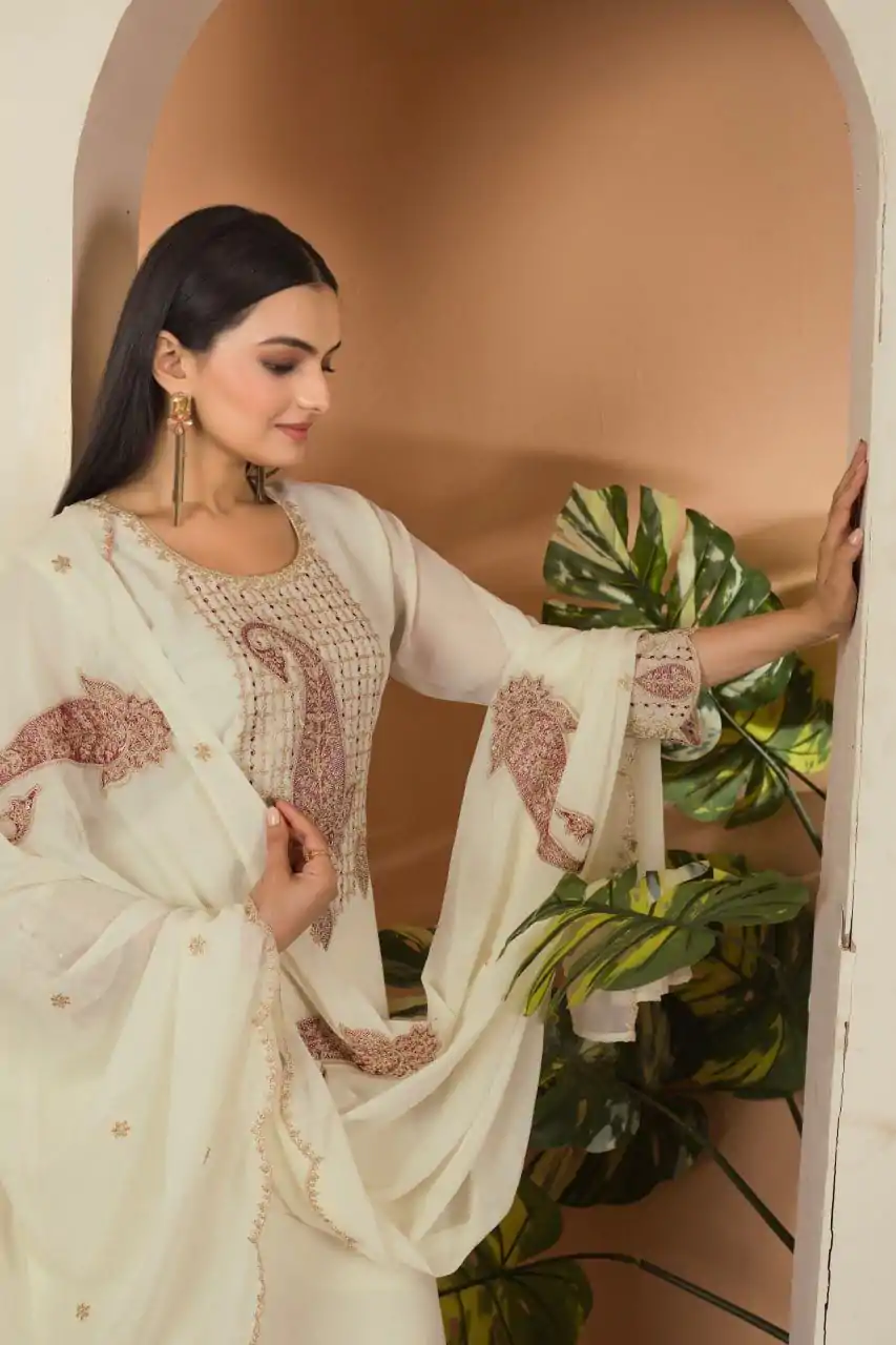 DC G87 Cream Color Fox georgette Embroidery Thread Sequence Salwar Suit Casual, Wedding, Party, Festive, Events Etc.4-6 Working Days@ 1849/-only | Casual Suits, Jump Suits, Creative suits, Designer Suits, Palazzo Suits, Party Wear Suits, Patiala Suits, Salwar suit, Straight Suits