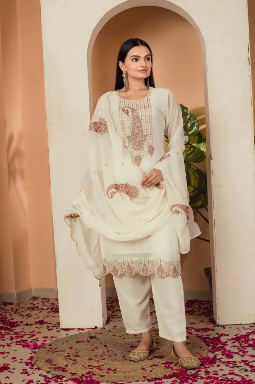 DC G87 Cream Color Fox georgette Embroidery Thread Sequence Salwar Suit Casual, Wedding, Party, Festive, Events Etc.4-6 Working Days@ 1849/-only | Casual Suits, Jump Suits, Creative suits, Designer Suits, Palazzo Suits, Party Wear Suits, Patiala Suits, Salwar suit, Straight Suits