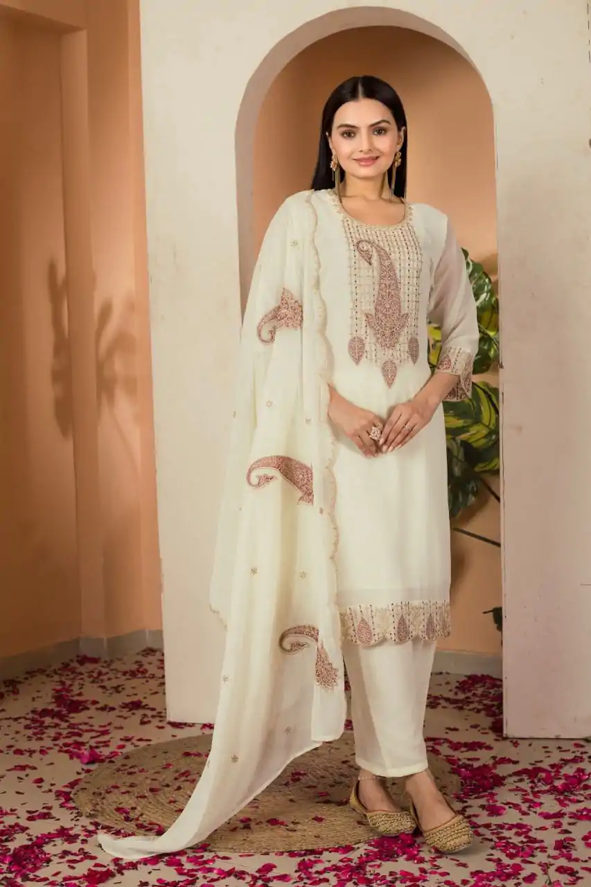 DC G87 Cream Color Fox georgette Embroidery Thread Sequence Salwar Suit Casual, Wedding, Party, Festive, Events Etc.4-6 Working Days@ 1849/-only | Casual Suits, Jump Suits, Creative suits, Designer Suits, Palazzo Suits, Party Wear Suits, Patiala Suits, Salwar suit, Straight Suits