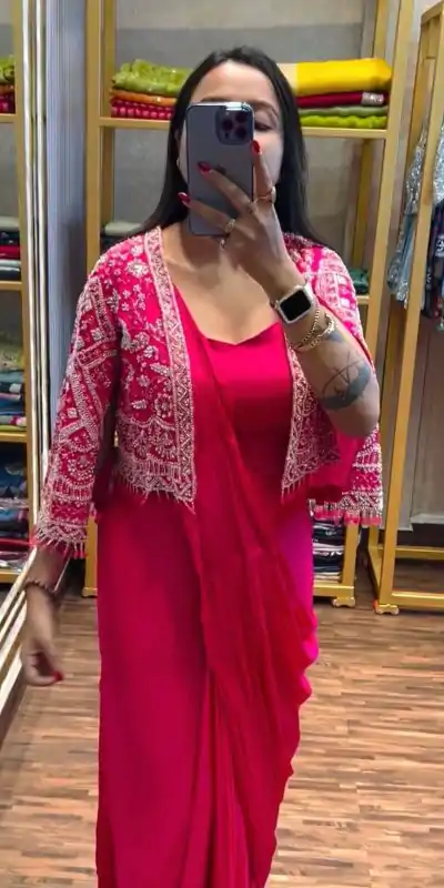 ST 1086 Pink Color Chinnon With Fully Embroidery Koti Ready To Wear Saree Wedding Party, Festive, Events Etc.4-6 Working Days@2049/- only | Creative Sarees, Embroidered Sarees, Bollywood Sarees, Designer Sarees, Ethnic Saree, Modern Digital sarees, Party Wear Sarees, Sarees