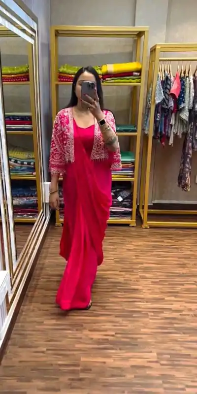 ST 1086 Pink Color Chinnon With Fully Embroidery Koti Ready To Wear Saree Wedding Party, Festive, Events Etc.4-6 Working Days@2049/- only | Creative Sarees, Embroidered Sarees, Bollywood Sarees, Designer Sarees, Ethnic Saree, Modern Digital sarees, Party Wear Sarees, Sarees