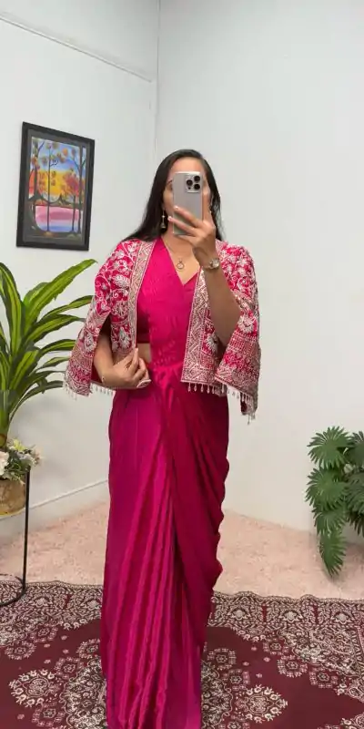 ST 1086 Pink Color Chinnon With Fully Embroidery Koti Ready To Wear Saree Wedding Party, Festive, Events Etc.4-6 Working Days@2049/- only | Creative Sarees, Embroidered Sarees, Bollywood Sarees, Designer Sarees, Ethnic Saree, Modern Digital sarees, Party Wear Sarees, Sarees