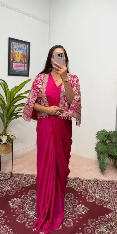 ST 1086 Pink Color Chinnon With Fully Embroidery Koti Ready To Wear Saree Wedding Party, Festive, Events Etc.4-6 Working Days@2049/- only | Creative Sarees, Embroidered Sarees, Bollywood Sarees, Designer Sarees, Ethnic Saree, Modern Digital sarees, Party Wear Sarees, Sarees