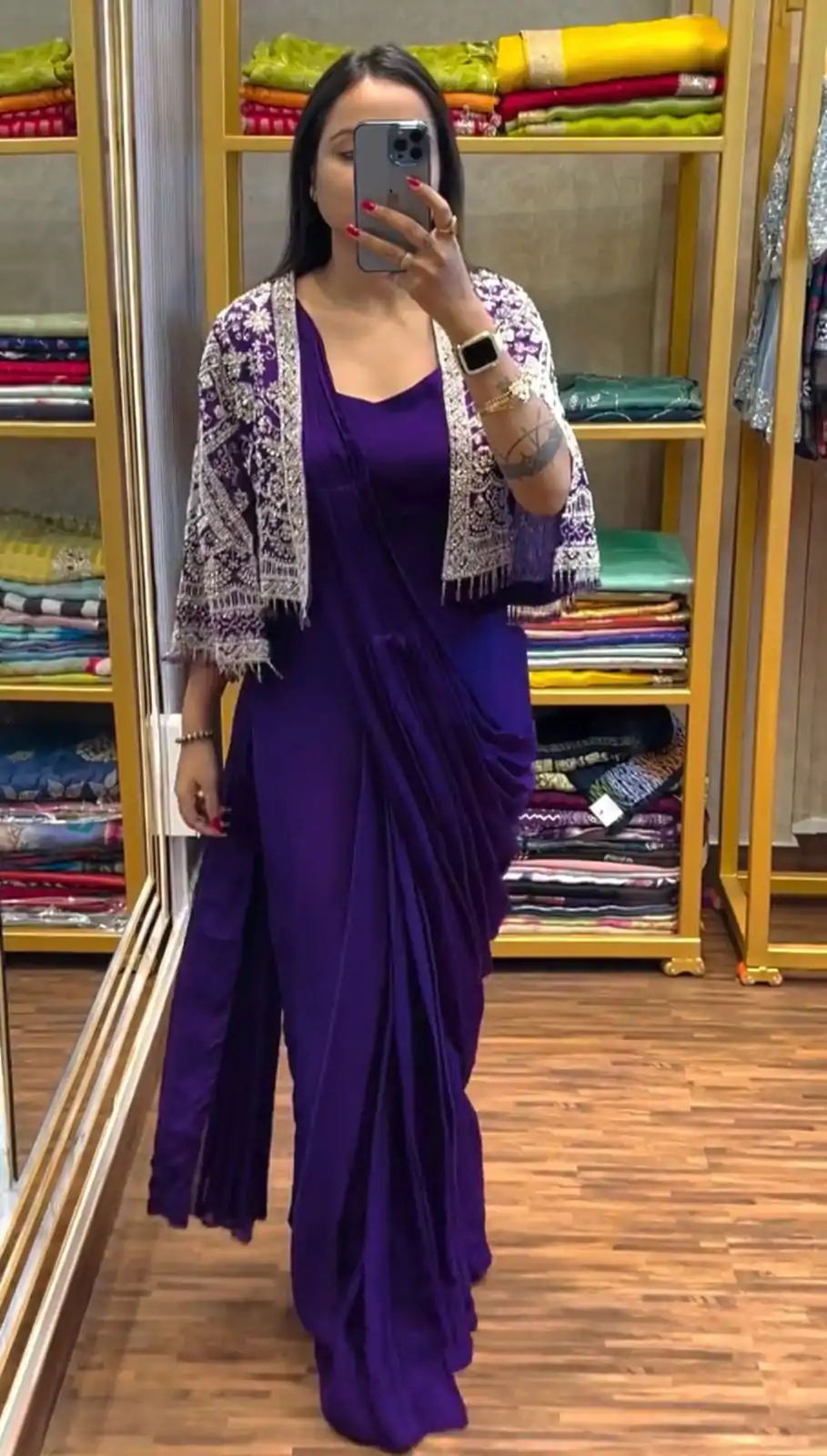 ST 1086 Purple Color Chinnon With Fully Embroidery Koti Ready To Wear Saree Wedding Party, Festive, Events Etc.4-6 Working Days@2049/- only | Creative Sarees, Embroidered Sarees, Bollywood Sarees, Designer Sarees, Ethnic Saree, Modern Digital sarees, Party Wear Sarees, Sarees