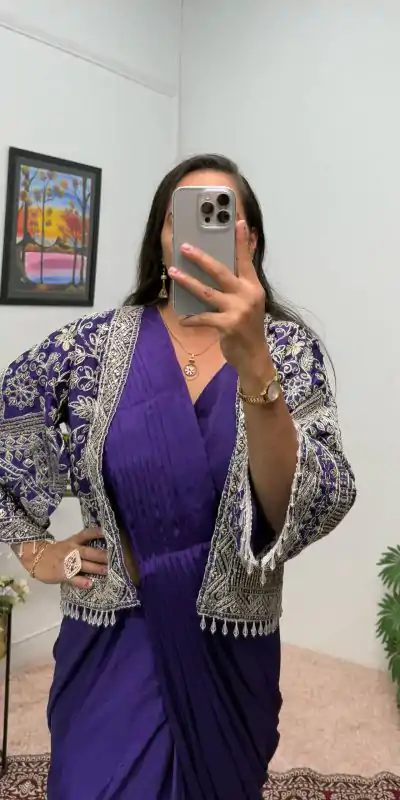 ST 1086 Purple Color Chinnon With Fully Embroidery Koti Ready To Wear Saree Wedding Party, Festive, Events Etc.4-6 Working Days@2049/- only | Creative Sarees, Embroidered Sarees, Bollywood Sarees, Designer Sarees, Ethnic Saree, Modern Digital sarees, Party Wear Sarees, Sarees