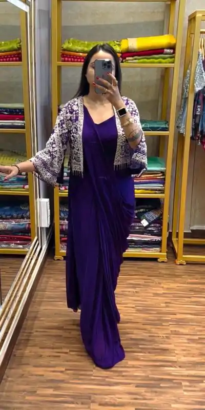 ST 1086 Purple Color Chinnon With Fully Embroidery Koti Ready To Wear Saree Wedding Party, Festive, Events Etc.4-6 Working Days@2049/- only | Creative Sarees, Embroidered Sarees, Bollywood Sarees, Designer Sarees, Ethnic Saree, Modern Digital sarees, Party Wear Sarees, Sarees