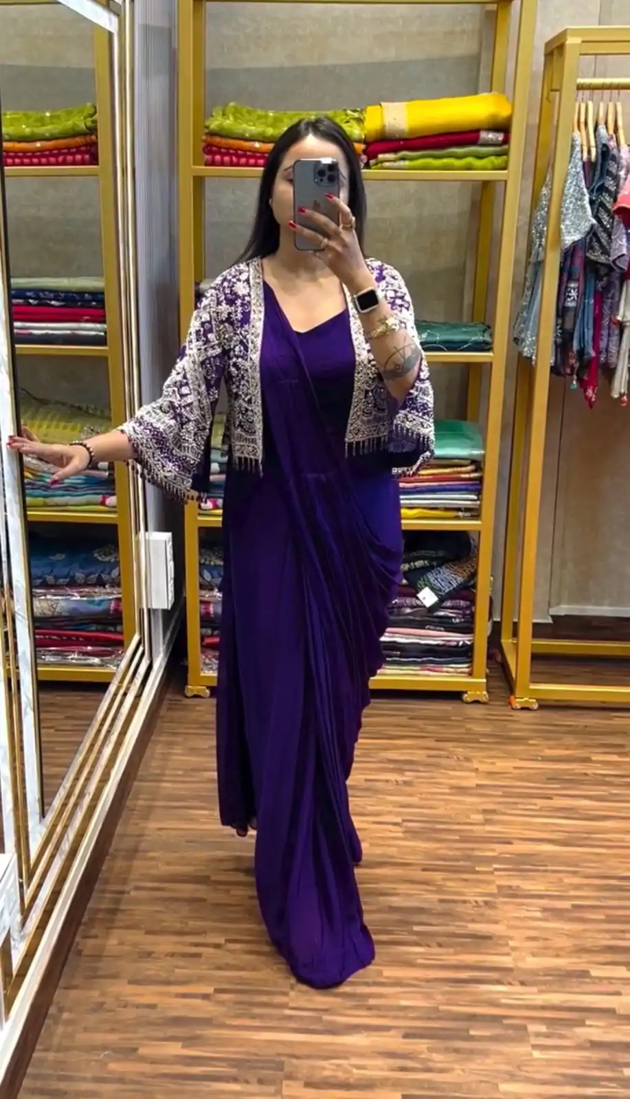 ST 1086 Purple Color Chinnon With Fully Embroidery Koti Ready To Wear Saree Wedding Party, Festive, Events Etc.4-6 Working Days@2049/- only | Creative Sarees, Embroidered Sarees, Bollywood Sarees, Designer Sarees, Ethnic Saree, Modern Digital sarees, Party Wear Sarees, Sarees