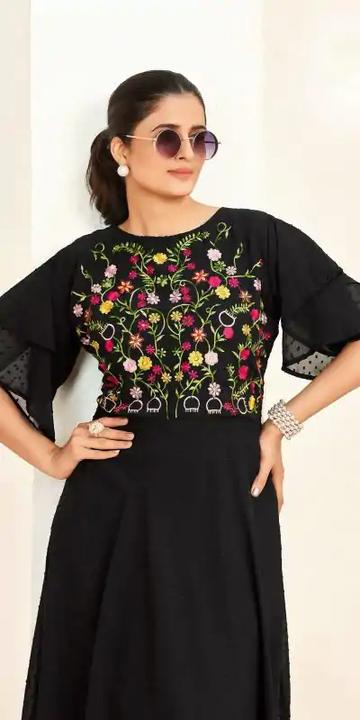 INLI Sensations Black Color Georgette Butti Embroidery Thread Work Gown , Wedding, Party, Festive, Events Etc. Expected Delivery 4-6 Working Days @1549/ | Bollywood Gowns, Creative Gowns, Designer Gowns, Embroidered Gowns, Gowns, Party Wear Gowns