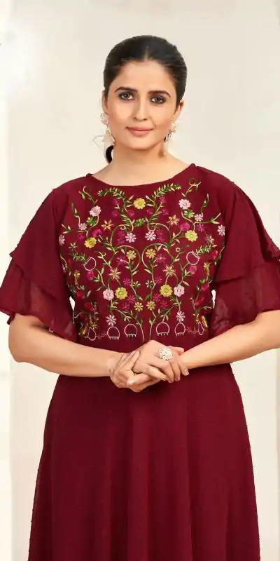 INLI Sensations Maroon Color Georgette Butti Embroidery Thread Work Gown , Wedding, Party, Festive, Events Etc. Expected Delivery 4-6 Working Days @1549/ | Bollywood Gowns, Creative Gowns, Designer Gowns, Embroidered Gowns, Gowns, Party Wear Gowns