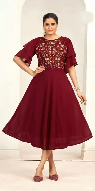 INLI Sensations Maroon Color Georgette Butti Embroidery Thread Work Gown , Wedding, Party, Festive, Events Etc. Expected Delivery 4-6 Working Days @1549/ | Bollywood Gowns, Creative Gowns, Designer Gowns, Embroidered Gowns, Gowns, Party Wear Gowns