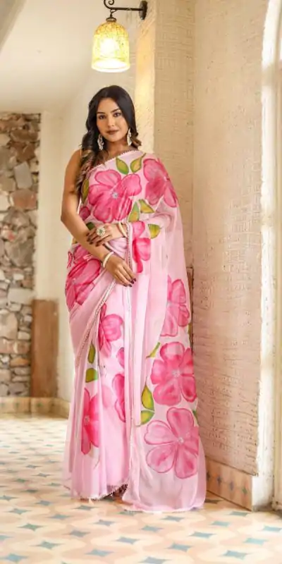 SC 409 Pink Color Pure Soft Georgette Silk All Over Saree Casual, Wedding, Festive, Events . Expected Delivery  4-6 Working Days @1599/- only                                                                                                                                           | Embroidered Sarees, Bollywood Sarees, Creative Sarees, Designer Sarees, Ethnic Saree, Modern Digital sarees, Party Wear Sarees, Sarees