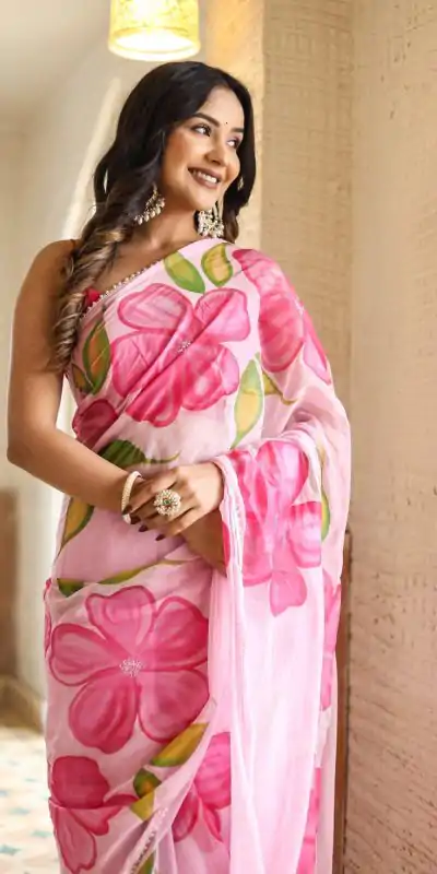 SC 409 Pink Color Pure Soft Georgette Silk All Over Saree Casual, Wedding, Festive, Events . Expected Delivery  4-6 Working Days @1599/- only                                                                                                                                           | Embroidered Sarees, Bollywood Sarees, Creative Sarees, Designer Sarees, Ethnic Saree, Modern Digital sarees, Party Wear Sarees, Sarees