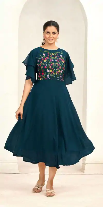 INLI Sensations Navy Blue Color Georgette Butti Embroidery Thread Work Gown , Wedding, Party, Festive, Events Etc. Expected Delivery 4-6 Working Days @1549/ | Bollywood Gowns, Creative Gowns, Designer Gowns, Embroidered Gowns, Gowns, Party Wear Gowns