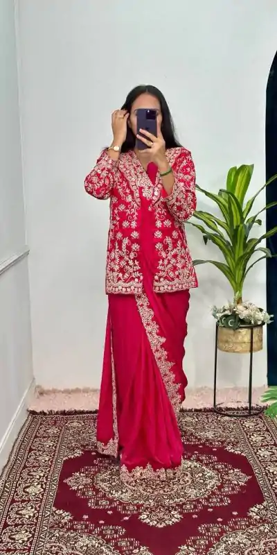 ST 1054 Red Color Chinon Work On Koti With Lace Border Saree Casual, Wedding, Festive, Events . Expected Delivery  4-6 Working Days @2199/- only                                                                                                                                           | Embroidered Sarees, Bollywood Sarees, Creative Sarees, Designer Sarees, Ethnic Saree, Modern Digital sarees, Party Wear Sarees, Sarees