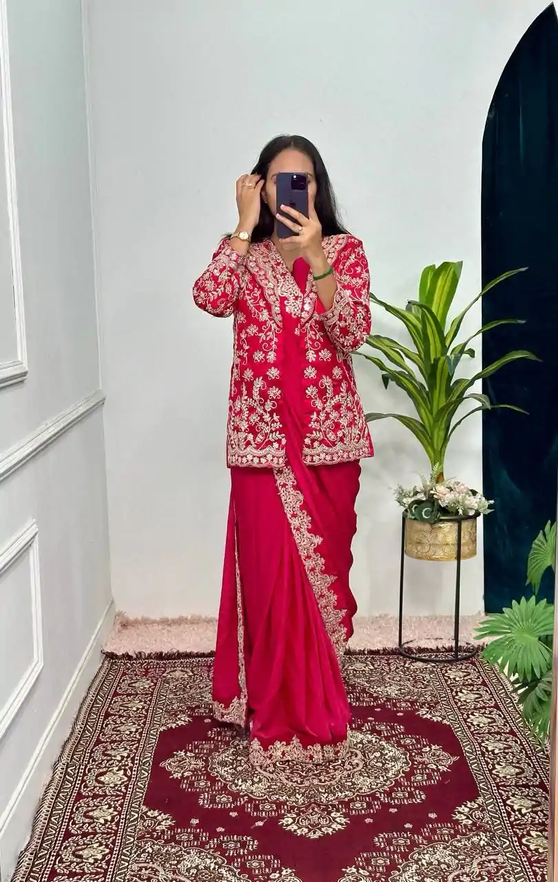 ST 1054 Red Color Chinon Work On Koti With Lace Border Saree Casual, Wedding, Festive, Events . Expected Delivery  4-6 Working Days @2199/- only                                                                                                                                           | Embroidered Sarees, Bollywood Sarees, Creative Sarees, Designer Sarees, Ethnic Saree, Modern Digital sarees, Party Wear Sarees, Sarees