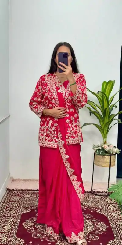 ST 1054 Red Color Chinon Work On Koti With Lace Border Saree Casual, Wedding, Festive, Events . Expected Delivery  4-6 Working Days @2199/- only                                                                                                                                           | Embroidered Sarees, Bollywood Sarees, Creative Sarees, Designer Sarees, Ethnic Saree, Modern Digital sarees, Party Wear Sarees, Sarees