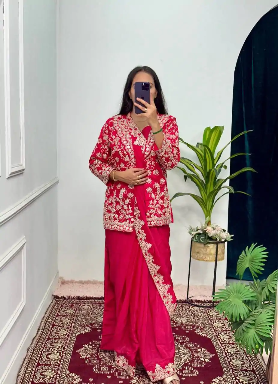 ST 1054 Red Color Chinon Work On Koti With Lace Border Saree Casual, Wedding, Festive, Events . Expected Delivery  4-6 Working Days @2199/- only                                                                                                                                           | Embroidered Sarees, Bollywood Sarees, Creative Sarees, Designer Sarees, Ethnic Saree, Modern Digital sarees, Party Wear Sarees, Sarees