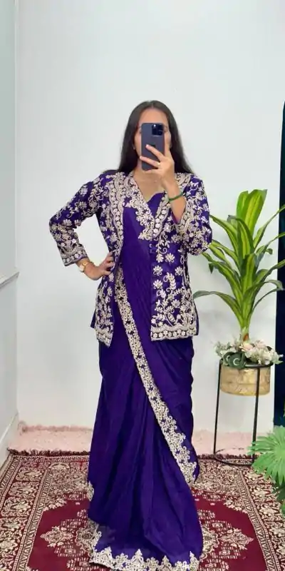 ST 1054 Royal blue Color Chinon Work On Koti With Lace Border Saree Casual, Wedding, Festive, Events . Expected Delivery  4-6 Working Days @2199/- only                                                                                                                                           | Embroidered Sarees, Bollywood Sarees, Creative Sarees, Designer Sarees, Ethnic Saree, Modern Digital sarees, Party Wear Sarees, Sarees