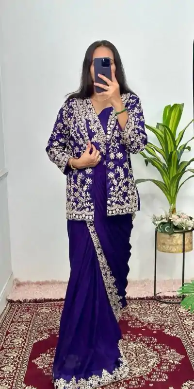 ST 1054 Royal blue Color Chinon Work On Koti With Lace Border Saree Casual, Wedding, Festive, Events . Expected Delivery  4-6 Working Days @2199/- only                                                                                                                                           | Embroidered Sarees, Bollywood Sarees, Creative Sarees, Designer Sarees, Ethnic Saree, Modern Digital sarees, Party Wear Sarees, Sarees