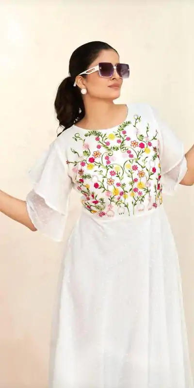 INLI Sensations White Color Georgette Butti Embroidery Thread Work Gown , Wedding, Party, Festive, Events Etc. Expected Delivery 4-6 Working Days @1549/ | Bollywood Gowns, Creative Gowns, Designer Gowns, Embroidered Gowns, Gowns, Party Wear Gowns