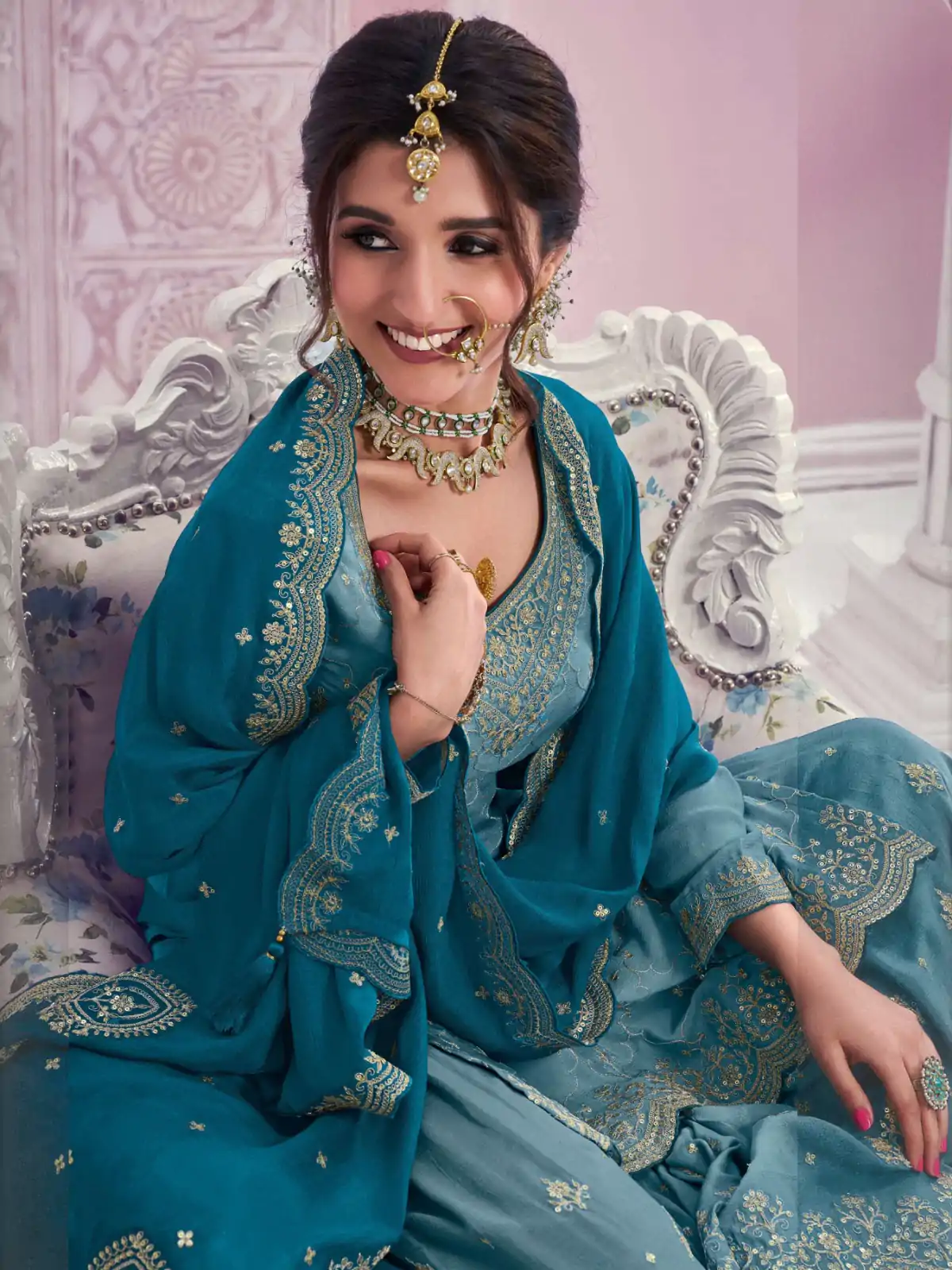 FC 69541 Blue Color Chinon Multi Coding Work Salwar Suit Casual, Wedding, Party, Festive, Events Etc.4-6 Working Days@ 2749/-only | Casual Suits, Jump Suits, Creative suits, Designer Suits, Palazzo Suits, Party Wear Suits, Patiala Suits, Salwar suit, Straight Suits