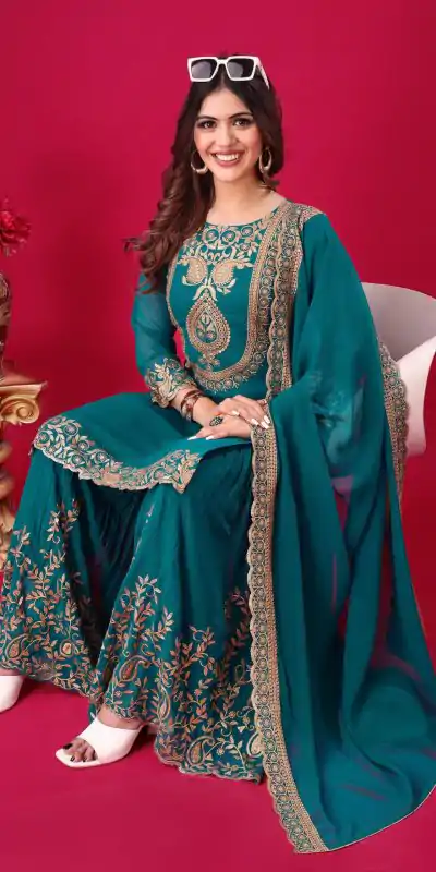 SRK 5242 Blue Faux Georgette Embroidery Sequence Work Salwar Suit  Casual, Wedding, Party, Festive, Events Etc.4-6 Working Days@ 2099/-only | Casual Suits, Jump Suits, Creative suits, Designer Suits, Palazzo Suits, Party Wear Suits, Patiala Suits, Salwar suit, Straight Suits