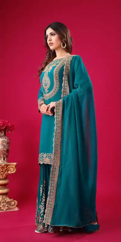SRK 5242 Blue Faux Georgette Embroidery Sequence Work Salwar Suit  Casual, Wedding, Party, Festive, Events Etc.4-6 Working Days@ 2099/-only | Casual Suits, Jump Suits, Creative suits, Designer Suits, Palazzo Suits, Party Wear Suits, Patiala Suits, Salwar suit, Straight Suits