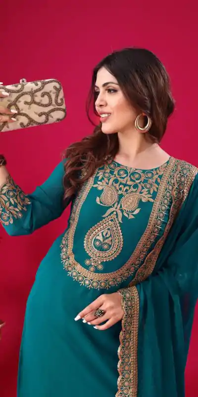 SRK 5242 Blue Faux Georgette Embroidery Sequence Work Salwar Suit  Casual, Wedding, Party, Festive, Events Etc.4-6 Working Days@ 2099/-only | Casual Suits, Jump Suits, Creative suits, Designer Suits, Palazzo Suits, Party Wear Suits, Patiala Suits, Salwar suit, Straight Suits
