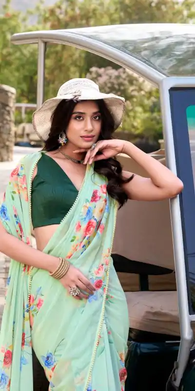 YNF 7041 Light Pista Color Weightless Marble Floral Printed Saree Casual, Wedding, Festive, Events . Expected Delivery  4-6 Working Days @1549/- only                                                                                                                                           | Embroidered Sarees, Bollywood Sarees, Creative Sarees, Designer Sarees, Ethnic Saree, Modern Digital sarees, Party Wear Sarees, Sarees