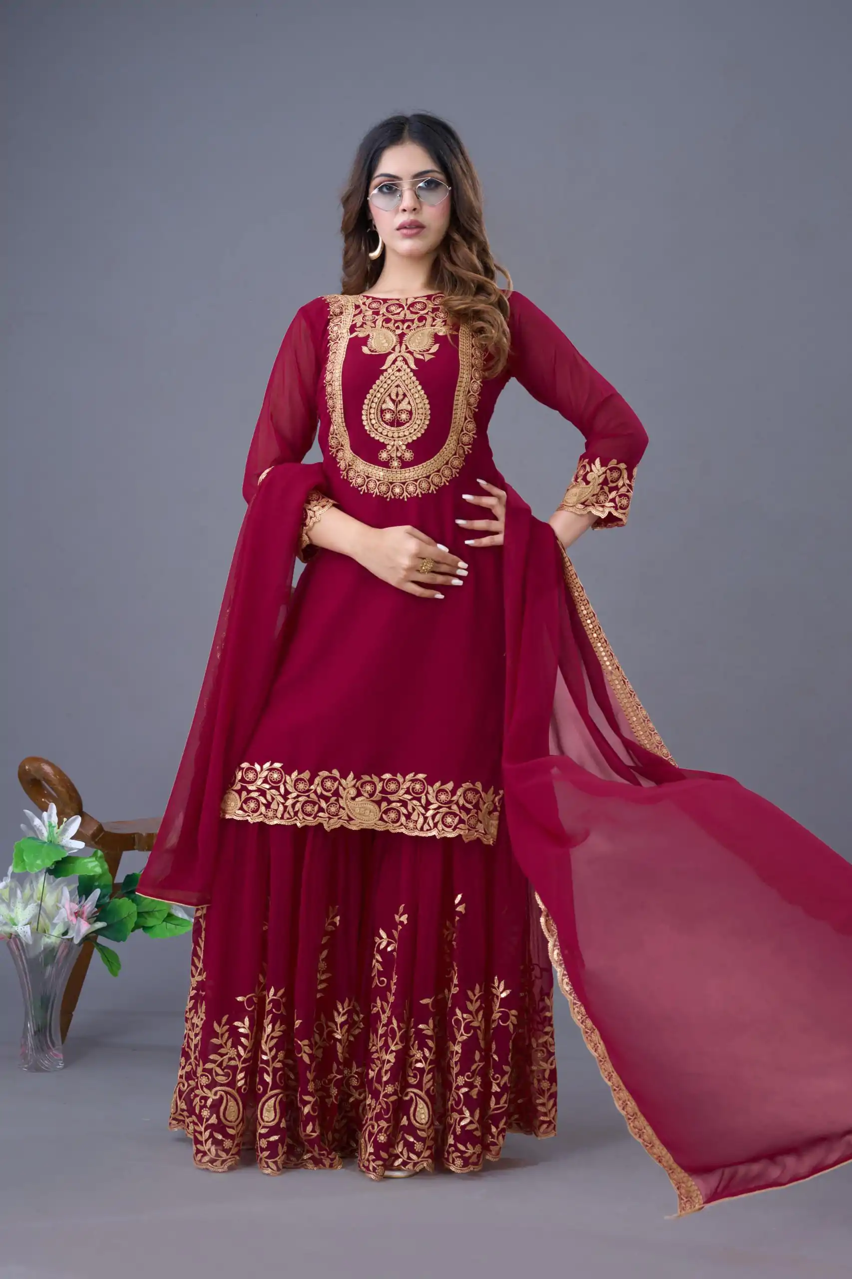 SRK 5242 Red Faux Georgette Embroidery Sequence Work Salwar Suit  Casual, Wedding, Party, Festive, Events Etc.4-6 Working Days@ 2099/-only | Casual Suits, Jump Suits, Creative suits, Designer Suits, Palazzo Suits, Party Wear Suits, Patiala Suits, Salwar suit, Straight Suits