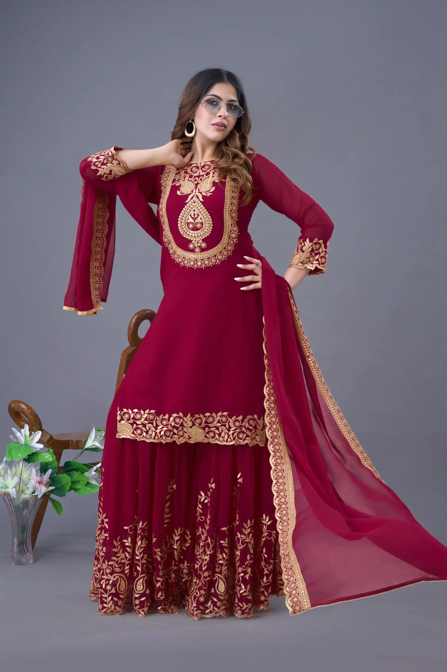 SRK 5242 Red Faux Georgette Embroidery Sequence Work Salwar Suit  Casual, Wedding, Party, Festive, Events Etc.4-6 Working Days@ 2099/-only | Casual Suits, Jump Suits, Creative suits, Designer Suits, Palazzo Suits, Party Wear Suits, Patiala Suits, Salwar suit, Straight Suits
