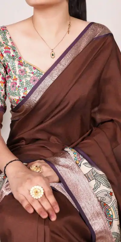 YNF 7022 Coffee Color Tussar Silk With Viscose Border Printed Saree Saree Casual, Wedding, Festive, Events . Expected Delivery  4-6 Working Days @1699/- only                                                                                                                                             | Embroidered Sarees, Bollywood Sarees, Creative Sarees, Designer Sarees, Ethnic Saree, Modern Digital sarees, Party Wear Sarees, Sarees