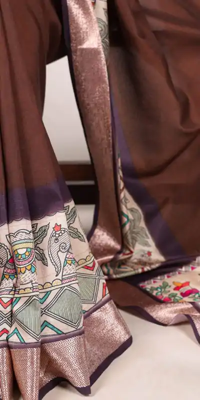 YNF 7022 Coffee Color Tussar Silk With Viscose Border Printed Saree Saree Casual, Wedding, Festive, Events . Expected Delivery  4-6 Working Days @1699/- only                                                                                                                                             | Embroidered Sarees, Bollywood Sarees, Creative Sarees, Designer Sarees, Ethnic Saree, Modern Digital sarees, Party Wear Sarees, Sarees