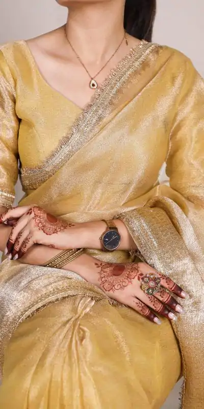 YNF 7114 Gold Color Tissue Shimmer Zari Weaving Work Saree Casual, Wedding, Festive, Events . Expected Delivery  4-6 Working Days @1699/- only                                                                                                                   | Embroidered Sarees, Bollywood Sarees, Creative Sarees, Designer Sarees, Ethnic Saree, Modern Digital sarees, Party Wear Sarees, Sarees