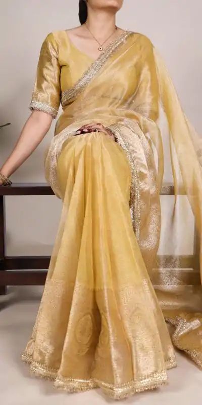 YNF 7114 Gold Color Tissue Shimmer Zari Weaving Work Saree Casual, Wedding, Festive, Events . Expected Delivery  4-6 Working Days @1699/- only                                                                                                                   | Embroidered Sarees, Bollywood Sarees, Creative Sarees, Designer Sarees, Ethnic Saree, Modern Digital sarees, Party Wear Sarees, Sarees