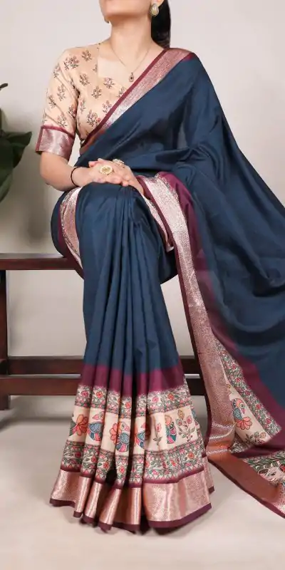 YNF 7022 Navy Blue Color Tussar Silk With Viscose Border Printed Saree Saree Casual, Wedding, Festive, Events . Expected Delivery  4-6 Working Days @1699/-                                                                                                                                            | Embroidered Sarees, Bollywood Sarees, Creative Sarees, Designer Sarees, Ethnic Saree, Modern Digital sarees, Party Wear Sarees, Sarees
