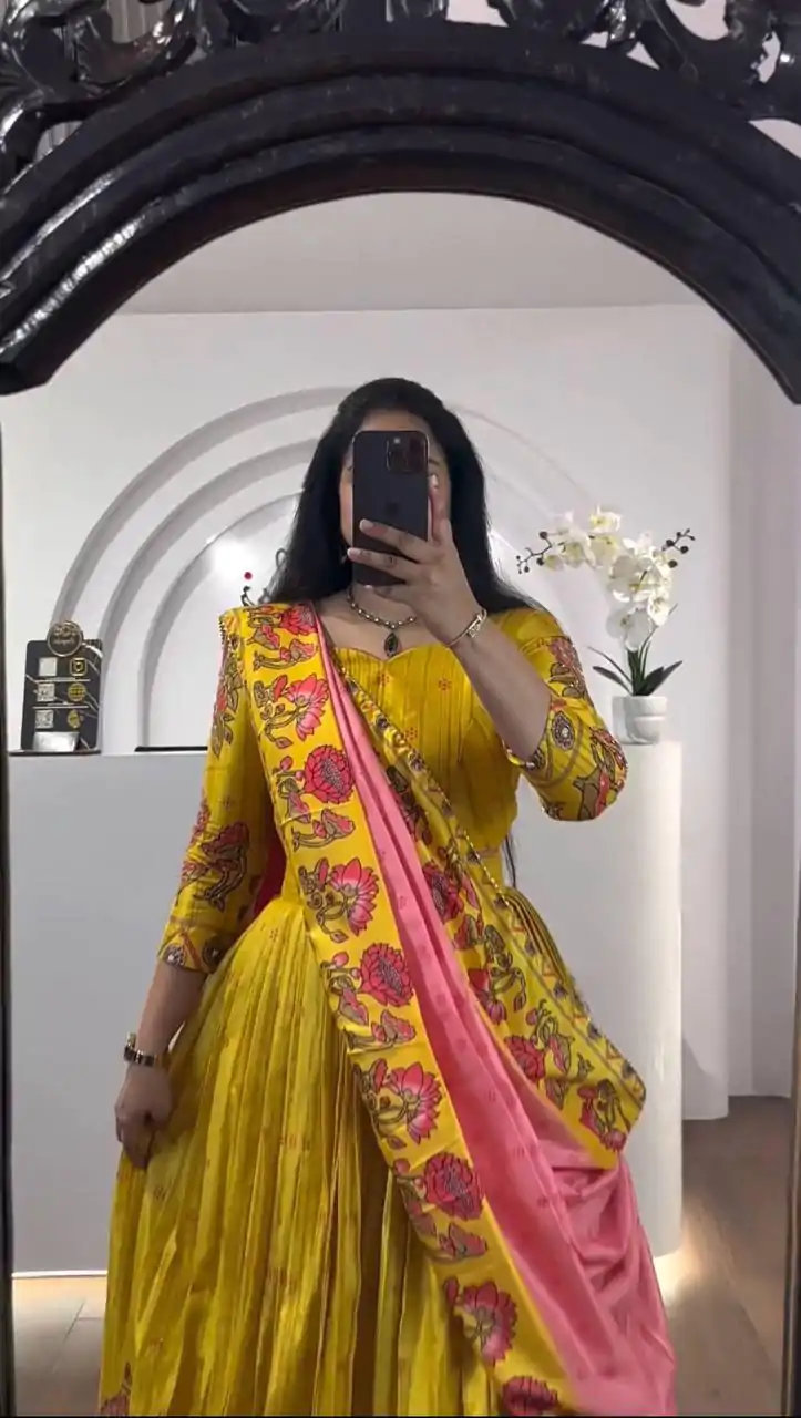 PC 321 Yellow Color  Chant Crepe Kalamkari Print Lehenga Choli Casual, Wedding, Festival, Events, Expected, Delivery 4-5 Working Days @1799 | Creative Lehenga, Bollywood Lehenga, Designer Lehenga, Embroidered Lehenga, Lehenga, Party Wear Lehenga
