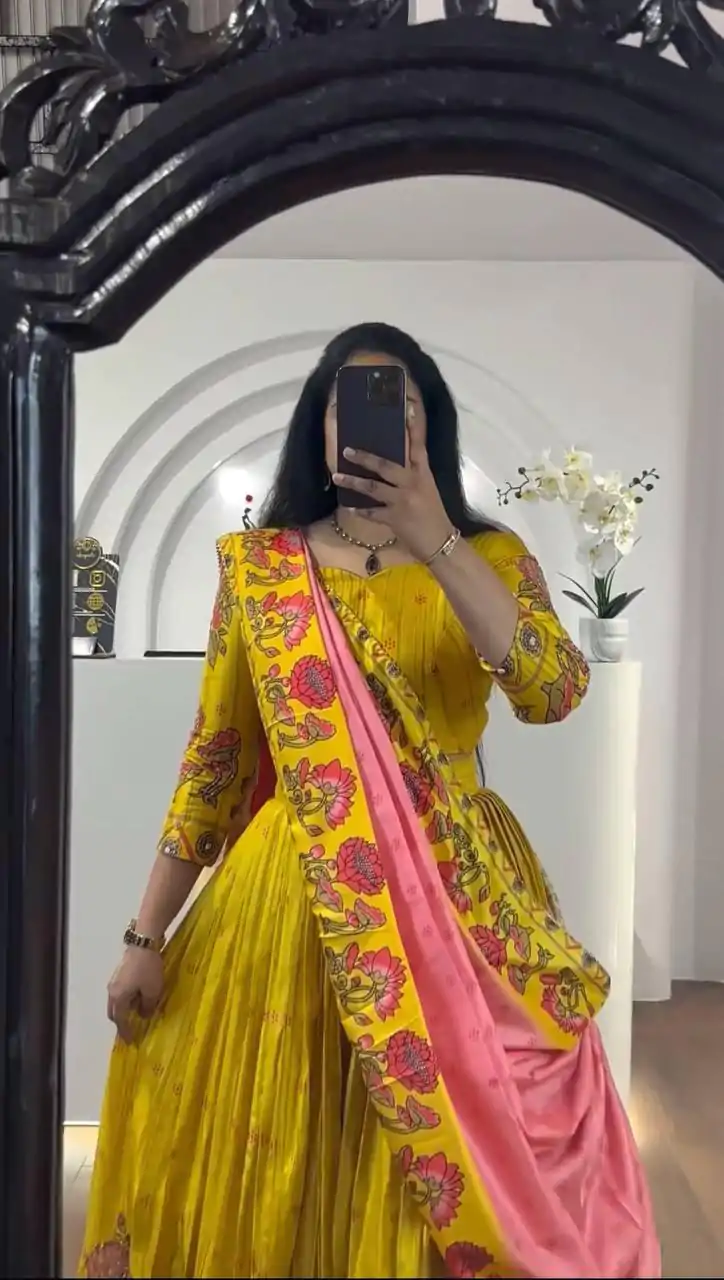 PC 321 Yellow Color  Chant Crepe Kalamkari Print Lehenga Choli Casual, Wedding, Festival, Events, Expected, Delivery 4-5 Working Days @1799 | Creative Lehenga, Bollywood Lehenga, Designer Lehenga, Embroidered Lehenga, Lehenga, Party Wear Lehenga