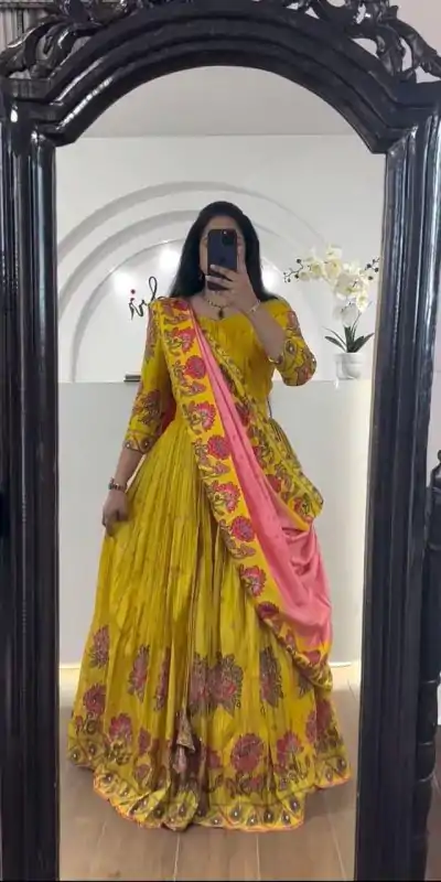 PC 321 Yellow Color  Chant Crepe Kalamkari Print Lehenga Choli Casual, Wedding, Festival, Events, Expected, Delivery 4-5 Working Days @1799 | Creative Lehenga, Bollywood Lehenga, Designer Lehenga, Embroidered Lehenga, Lehenga, Party Wear Lehenga