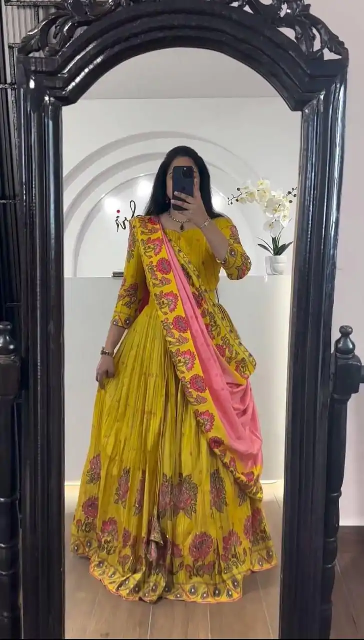 PC 321 Yellow Color  Chant Crepe Kalamkari Print Lehenga Choli Casual, Wedding, Festival, Events, Expected, Delivery 4-5 Working Days @1799 | Creative Lehenga, Bollywood Lehenga, Designer Lehenga, Embroidered Lehenga, Lehenga, Party Wear Lehenga