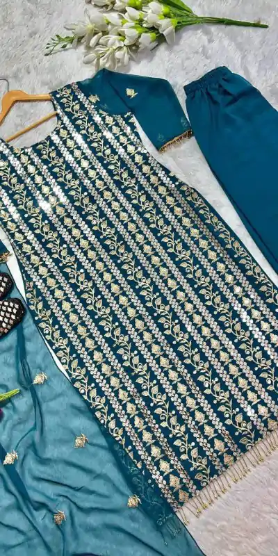 ND 5001 Blue Color Chinon Silk With Embroidery Work Salwar Suit Casual, Wedding, Party, Festive, Events Etc.4-6 Working Days@ 1899/-only | Casual Suits, Jump Suits, Creative suits, Designer Suits, Palazzo Suits, Party Wear Suits, Patiala Suits, Salwar suit, Straight Suits