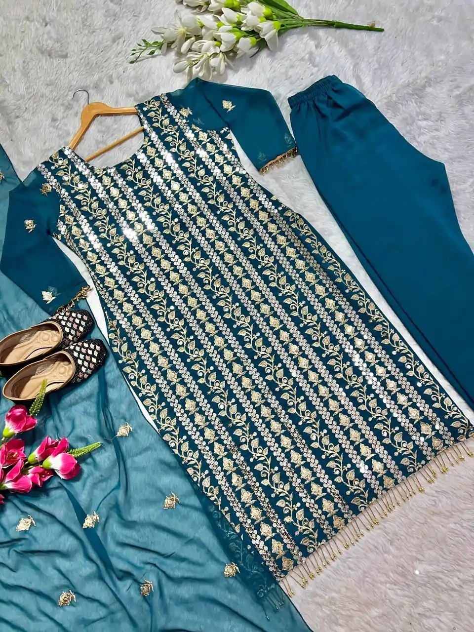 ND 5001 Blue Color Chinon Silk With Embroidery Work Salwar Suit Casual, Wedding, Party, Festive, Events Etc.4-6 Working Days@ 1899/-only | Casual Suits, Jump Suits, Creative suits, Designer Suits, Palazzo Suits, Party Wear Suits, Patiala Suits, Salwar suit, Straight Suits