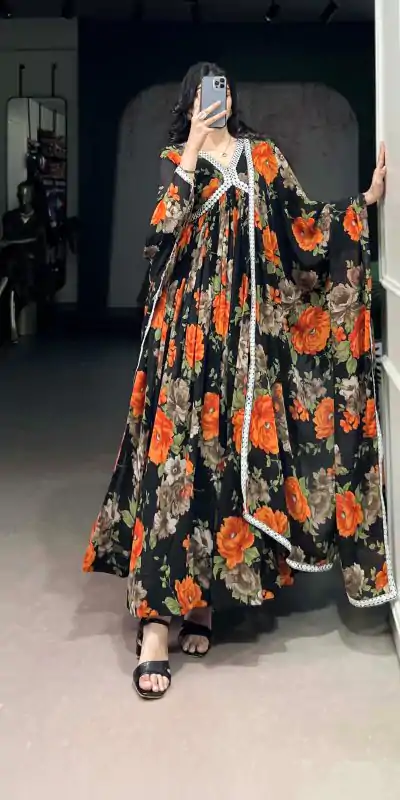 YNF 5040 Orange Color Georgette Floral Printed Paper Mirror Lace Gown , Wedding, Party, Festive, Events Etc. Expected Delivery 4-6 Working Days @1899/- | Bollywood Gowns, Creative Gowns, Designer Gowns, Embroidered Gowns, Gowns, Party Wear Gowns