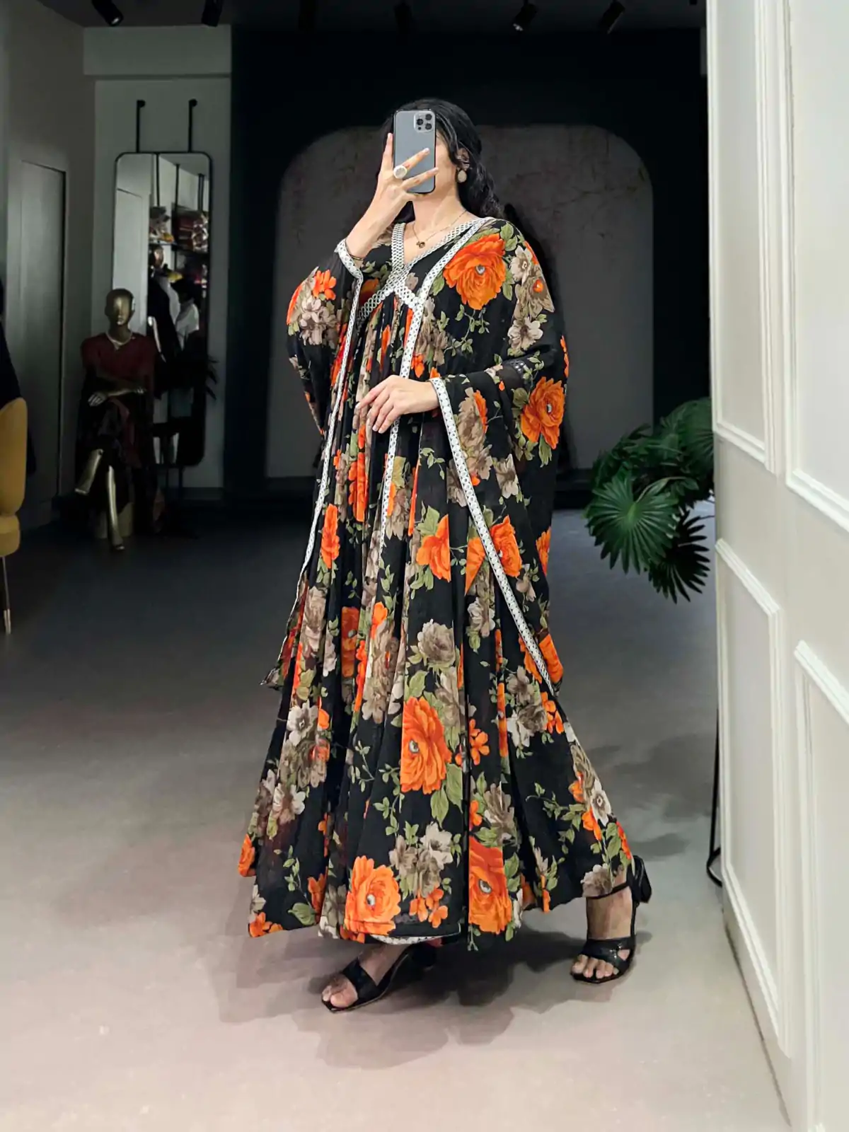 YNF 5040 Orange Color Georgette Floral Printed Paper Mirror Lace Gown , Wedding, Party, Festive, Events Etc. Expected Delivery 4-6 Working Days @1899/- | Bollywood Gowns, Creative Gowns, Designer Gowns, Embroidered Gowns, Gowns, Party Wear Gowns