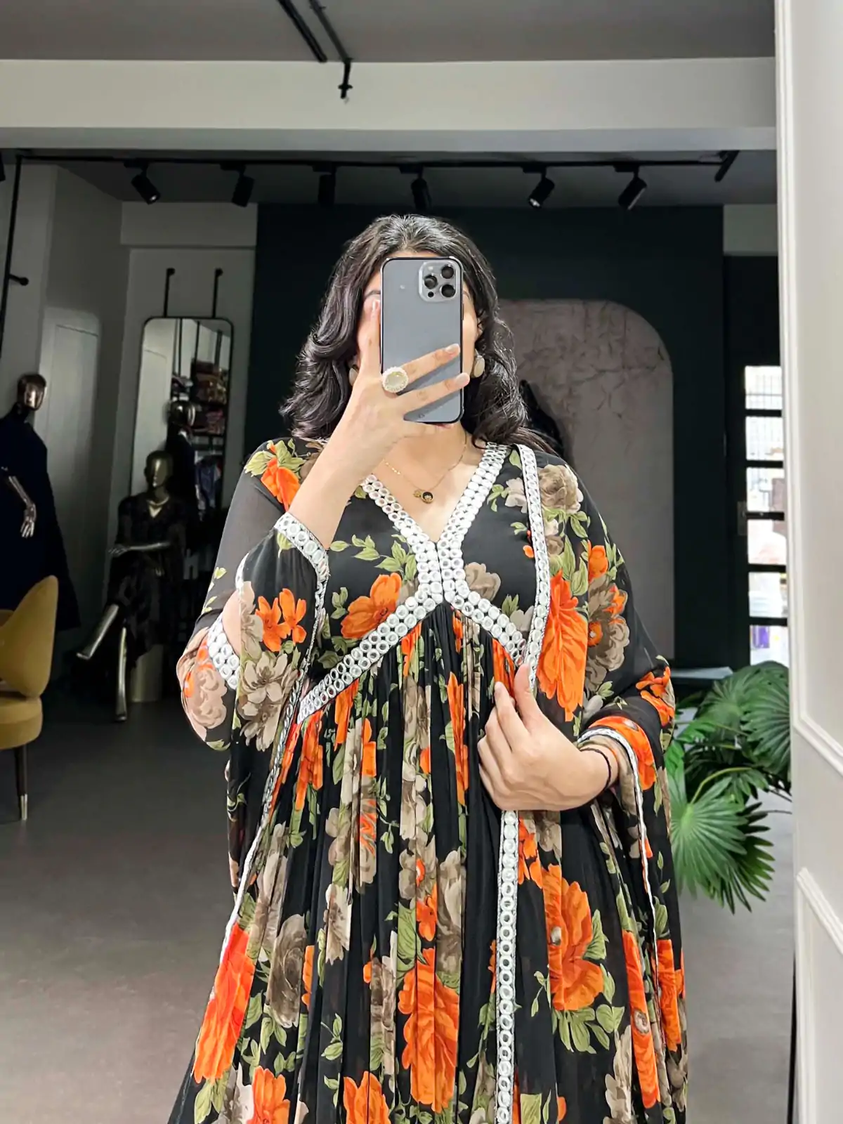 YNF 5040 Orange Color Georgette Floral Printed Paper Mirror Lace Gown , Wedding, Party, Festive, Events Etc. Expected Delivery 4-6 Working Days @1899/- | Bollywood Gowns, Creative Gowns, Designer Gowns, Embroidered Gowns, Gowns, Party Wear Gowns