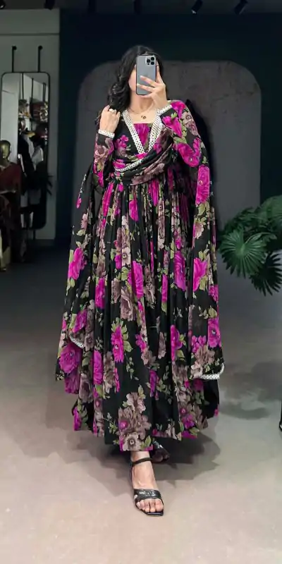 YNF 5040 Pink Color Georgette Floral Printed Paper Mirror Lace Gown Casual, Wedding, Party, Festive, Events Etc. Expected Delivery 4-6 Working Days @1899/- | Bollywood Gowns, Creative Gowns, Designer Gowns, Embroidered Gowns, Gowns, Party Wear Gowns