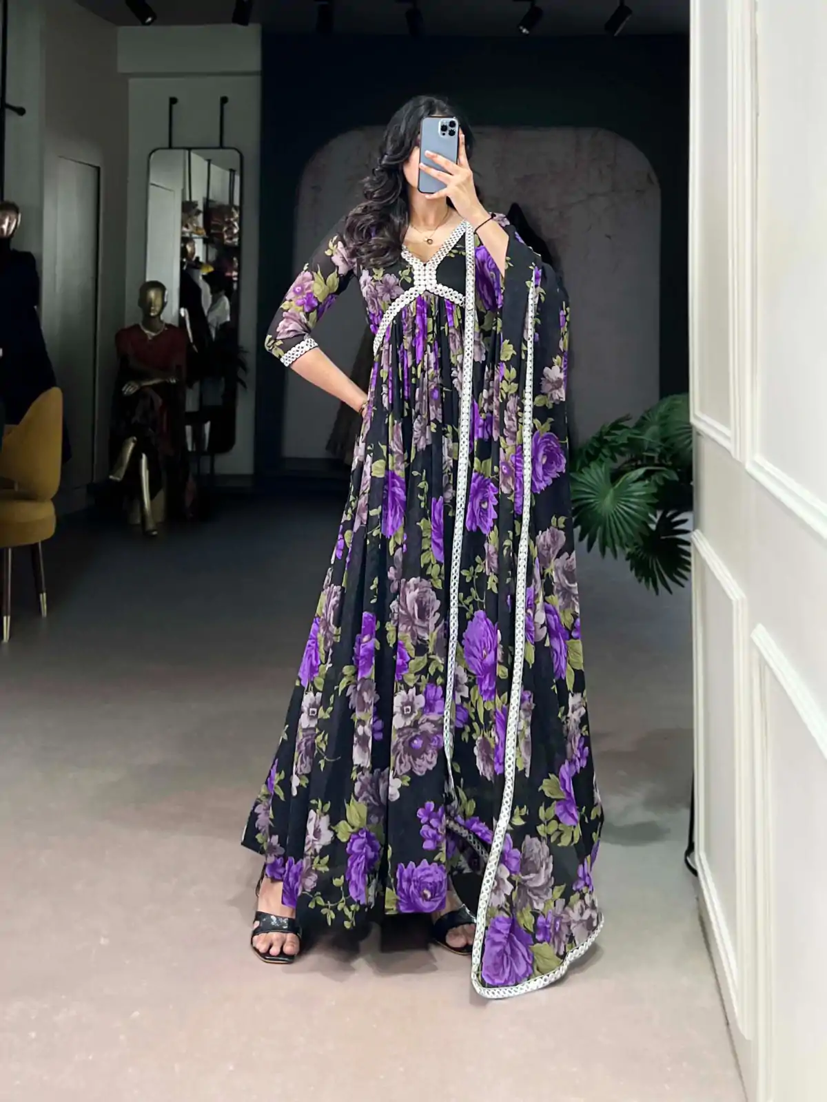 YNF 5040 Purple Color Georgette Floral Printed Paper Mirror Lace Gown , Wedding, Party, Festive, Events Etc. Expected Delivery 4-6 Working Days @1899/- | Bollywood Gowns, Creative Gowns, Designer Gowns, Embroidered Gowns, Gowns, Party Wear Gowns