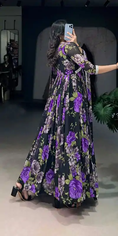 YNF 5040 Purple Color Georgette Floral Printed Paper Mirror Lace Gown , Wedding, Party, Festive, Events Etc. Expected Delivery 4-6 Working Days @1899/- | Bollywood Gowns, Creative Gowns, Designer Gowns, Embroidered Gowns, Gowns, Party Wear Gowns